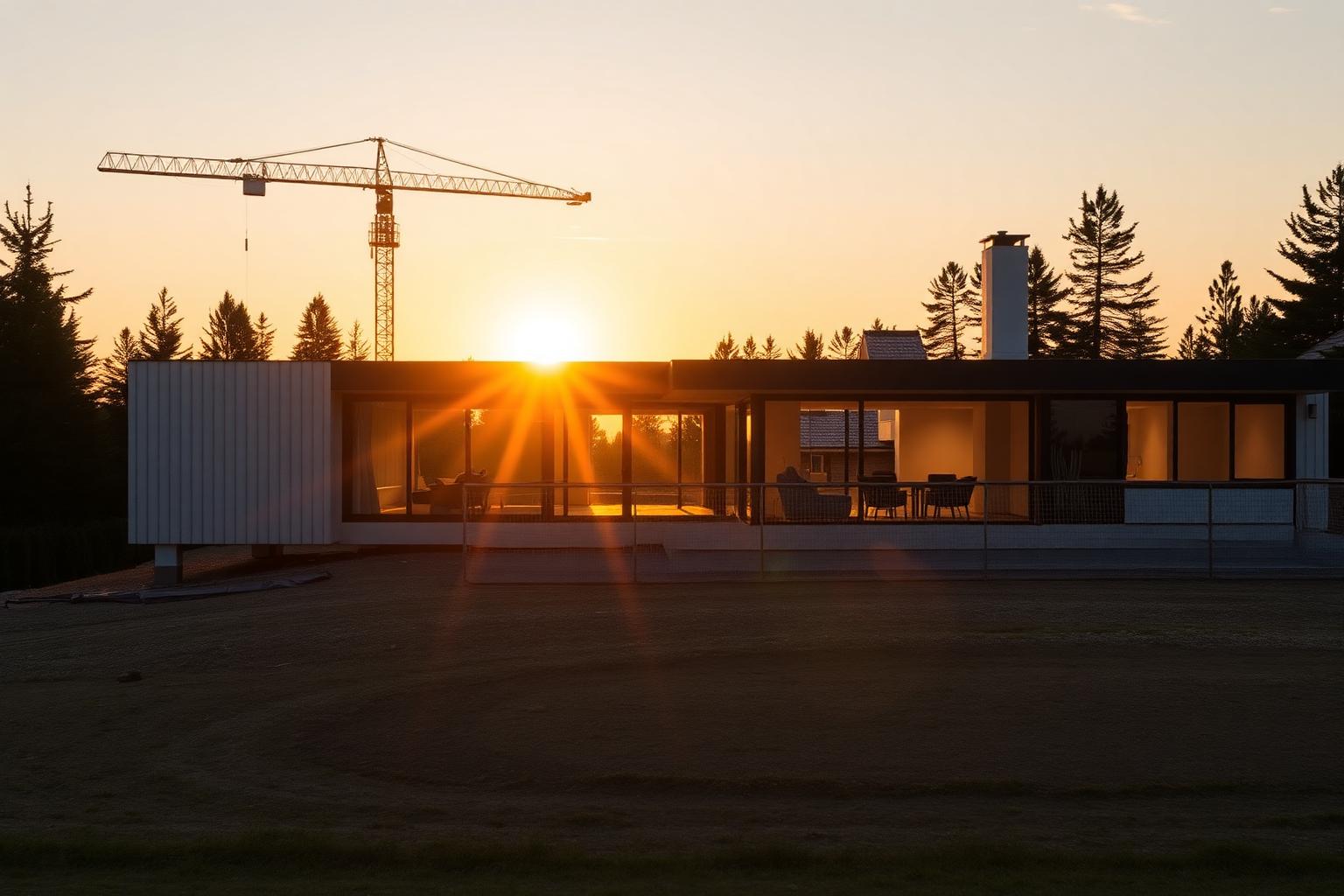 Modern villa under uppförande i kvällsljus